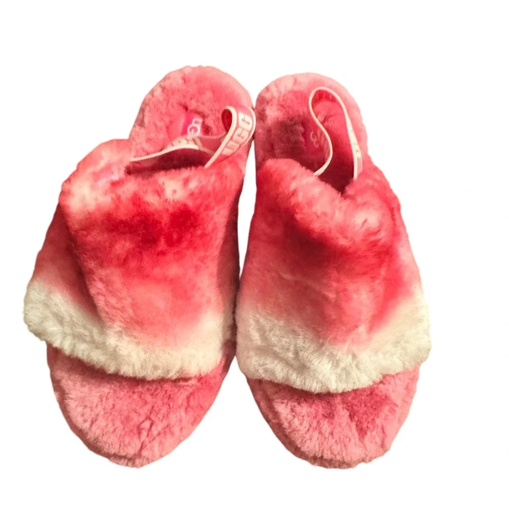 UGG Kids Pink White Tie‎ Dye Fluffy Furry Slides Slippers Sandals Size 4